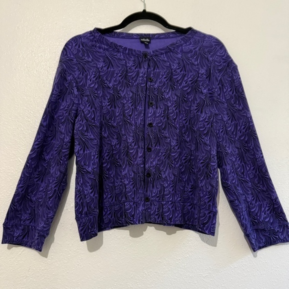 Rafaella Purple Patterned Button-Up Cardigan. 100% cotton. . Sz L.